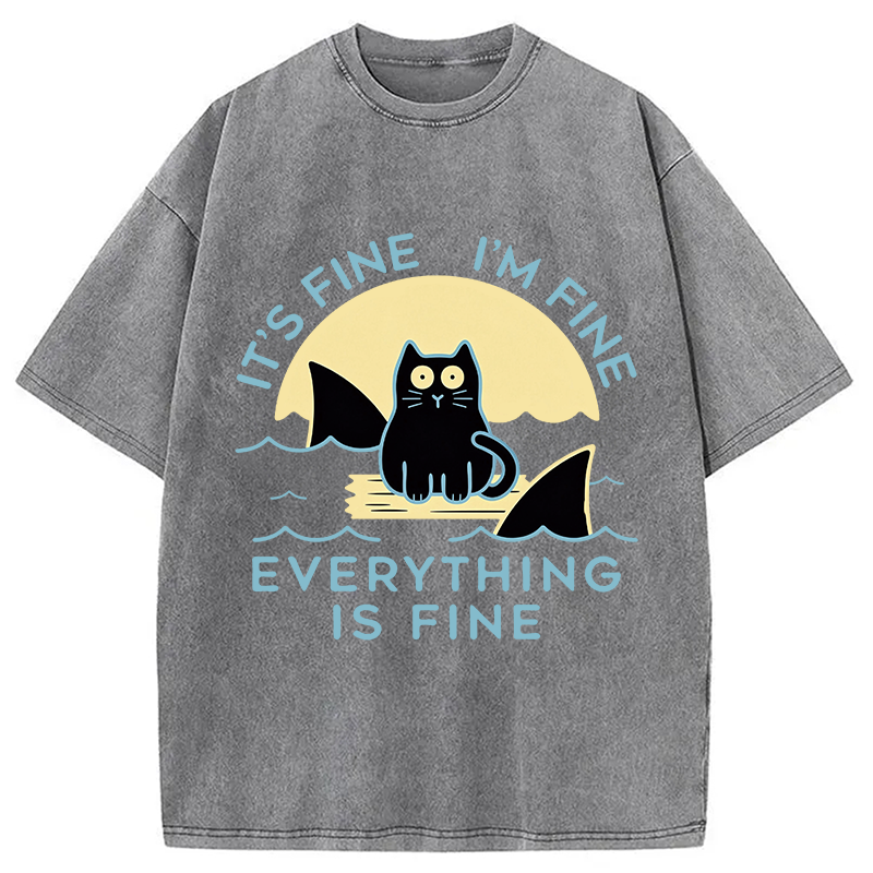 Modecanvas Everything Is Fine Cat Sea DTG Printing Washed T-Shirt
