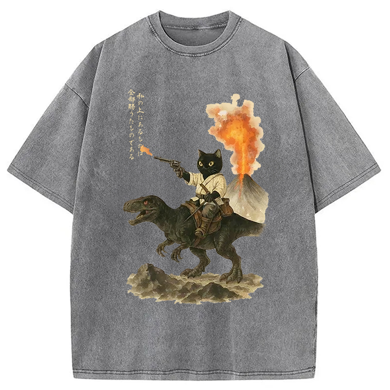 Modecanvas Cat Riding A Dinosaur Washed T-Shirt-modecanvas