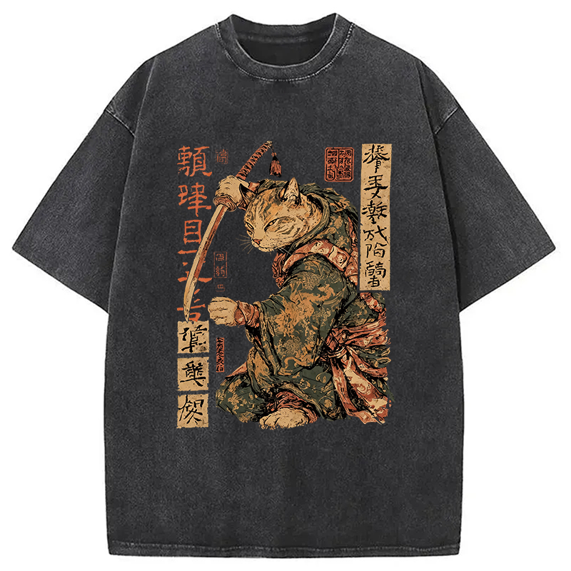 Modecanvas Japanese Katana Warrior Cat DTG Printing Washed T-Shirt-modecanvas