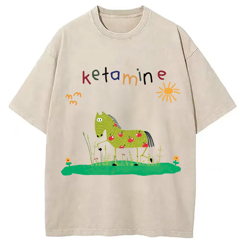 Modecanvas Funny Ketamine Horse DTG Printing Washed T-Shirt