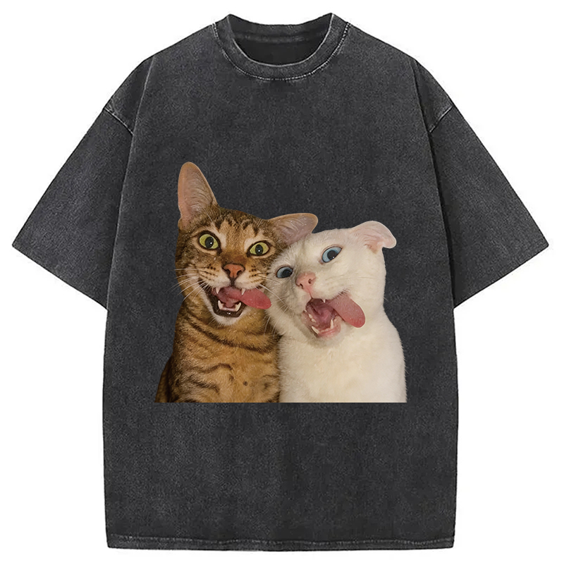 Modecanvas Funny Cat Tongue Out DTG Printing Washed T-Shirt
