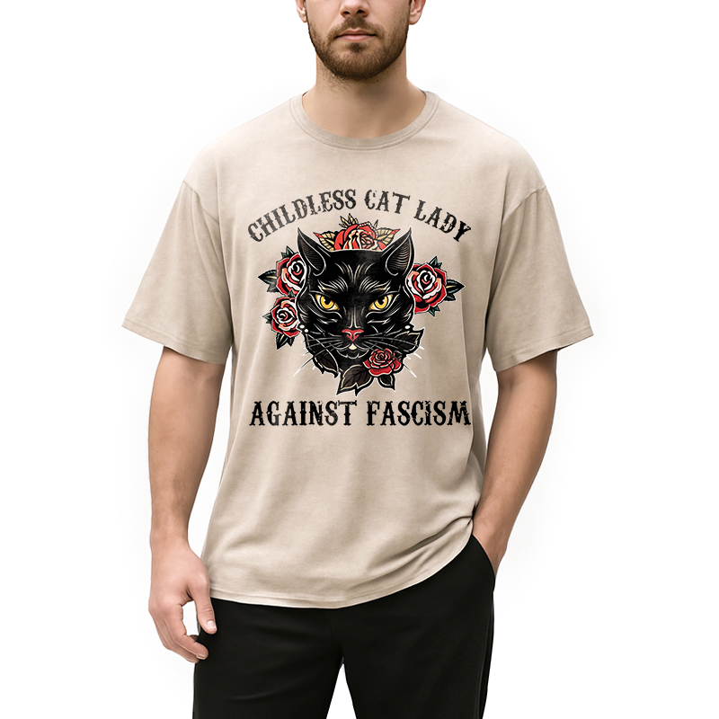 Modecanvas Childless Cat Lady Against Fascism Funny Cat Meme DTG Printing Washed T-Shirt