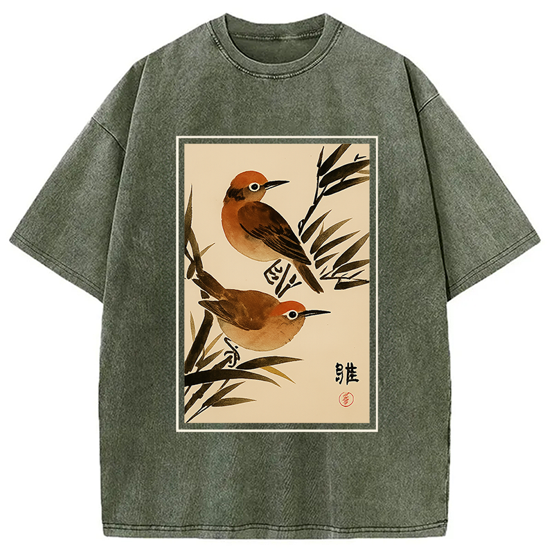 Modecanvas Sparrows Among Bamboo Washed T-Shirt