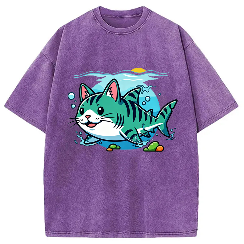 Modecanvas A Cat Shark Washed T-Shirt