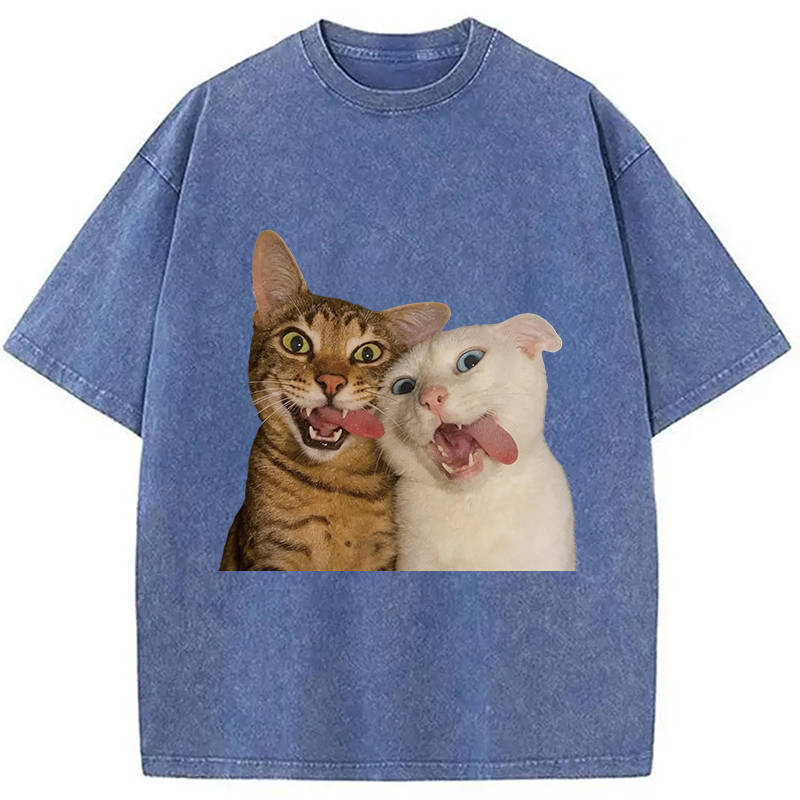 Modecanvas Funny Cat Tongue Out DTG Printing Washed T-Shirt