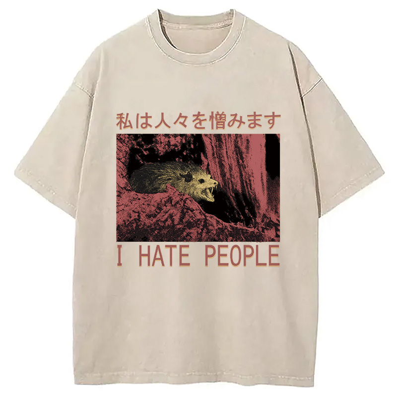 Modecanvas I Hate People Opossum DTG Printing Washed T-Shirt-modecanvas