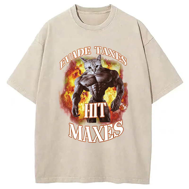Modecanvas Evade Taxes Hit Maxes Cat Gym Meme DTG Printing Washed T-Shirt