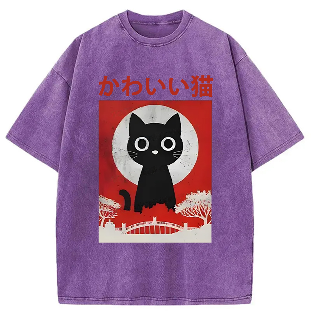 Modecanvas Cute Retro Cat Washed T-Shirt