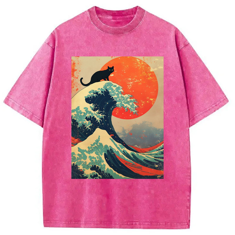 Modecanvas Black Cat On Great Wave Washed T-Shirt
