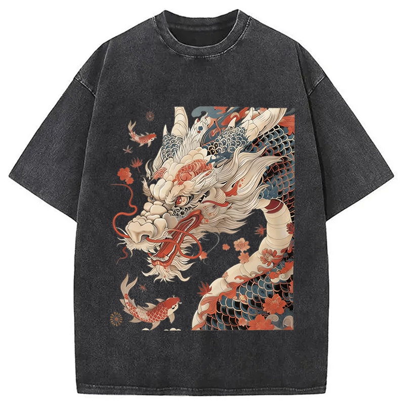 Modecanvas Dragon Koi Fish DTG Printing Washed T-Shirt