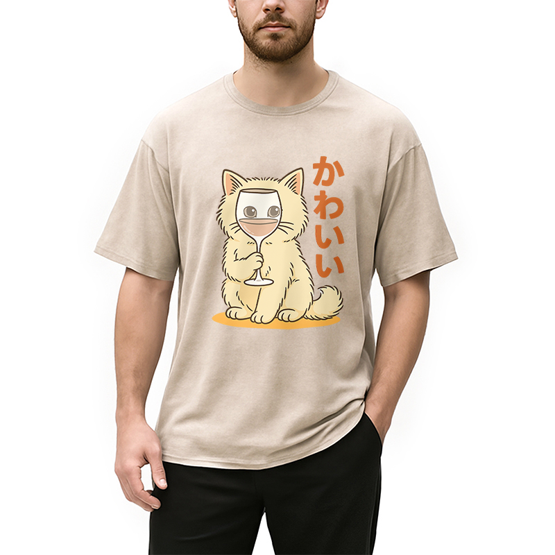Modecanvas Kawaii Cat with Wine Glass Face Washed T-Shirt