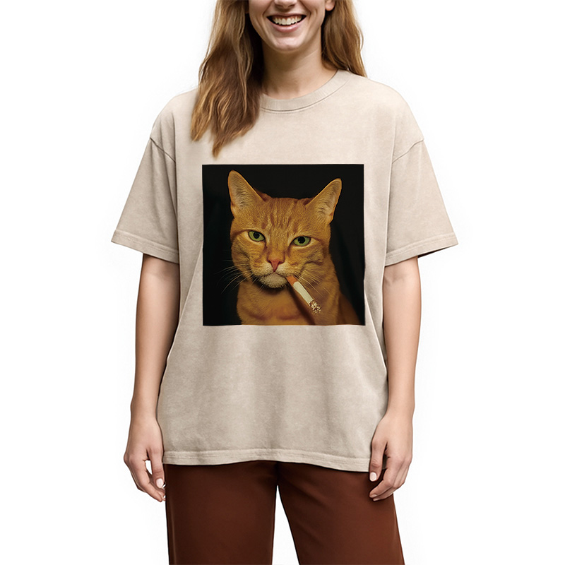 Modecanvas Funny Orange Cat Smoking Meme Washed T-Shirt