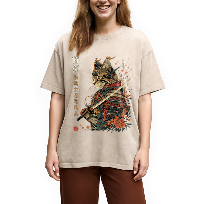 Modecanvas Japanese Samurai Cat DTG Printing Washed T-Shirt-modecanvas
