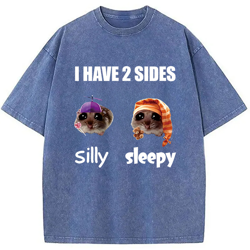 Modecanvas I Have 2 Sides Silly Sleepy Rat Meme DTG Printing Washed T-Shirt