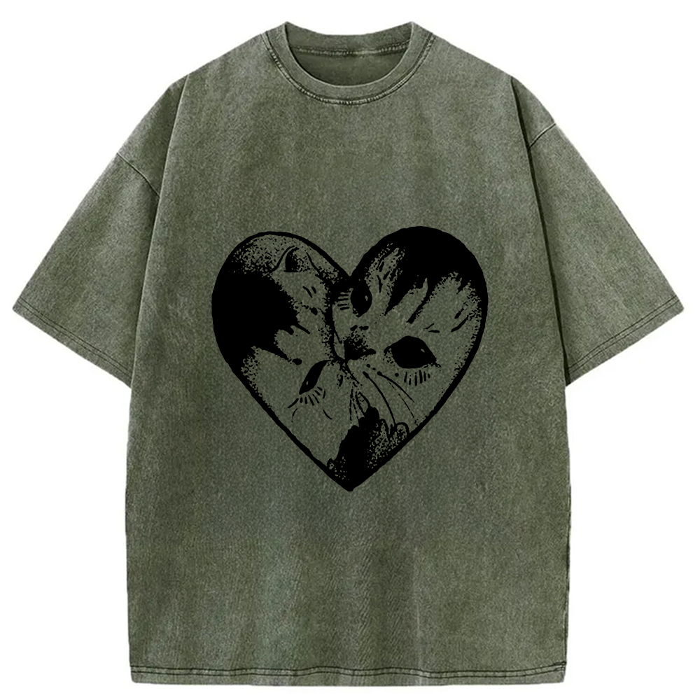 Modecanvas Heart Double Cats Washed T-Shirt