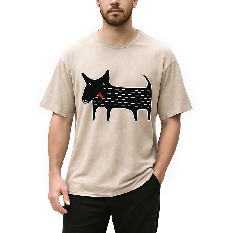 Modecanvas Black Dog Kawaii Folk Art DTG Printing Washed T-Shirt