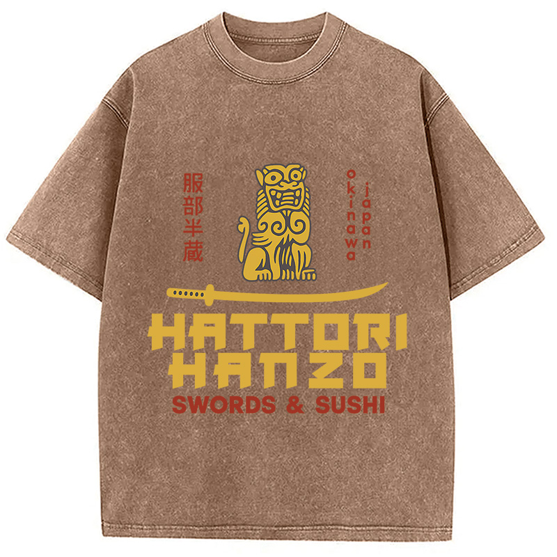 Modecanvas intage Japanese Samurai Sword Action Kill Washed T-Shirt