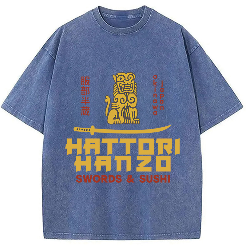 Modecanvas intage Japanese Samurai Sword Action Kill Washed T-Shirt