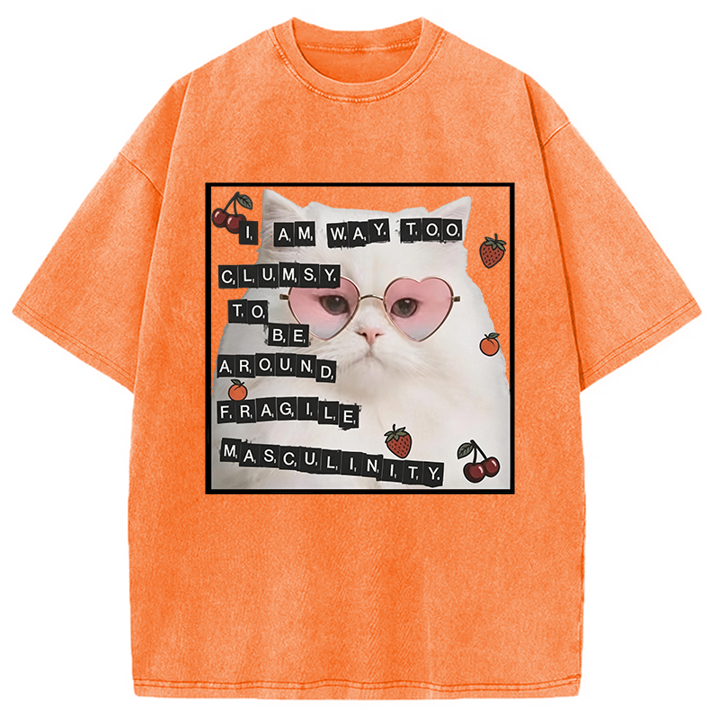 Modecanvas Funny Cat Fragile Masculinity DTG Printing Washed T-Shirt