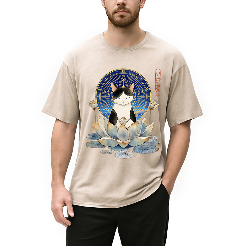 Modecanvas Funny Cat Lotus Zen Auspiciousness Washed T-Shirt