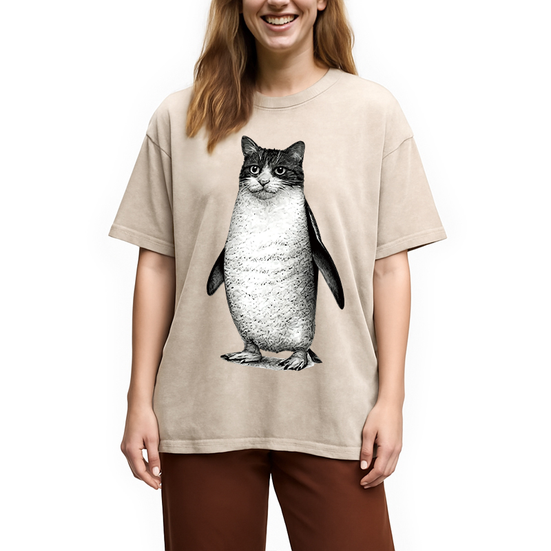 Modecanvas Penguin Cat DTG Printing Washed T-Shirt