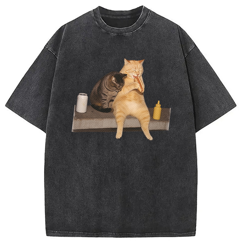 Modecanvas Cat Eating Hot Dog Washed T-Shirt