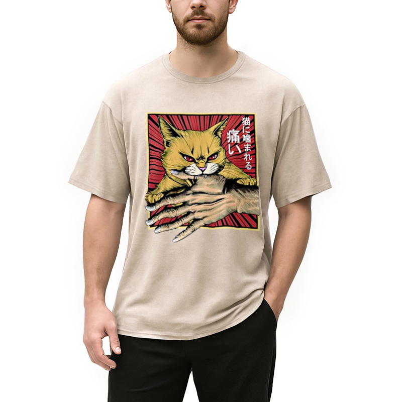 Modecanvas Anime Cat Bite Japanese Art Retro Washed T-Shirt