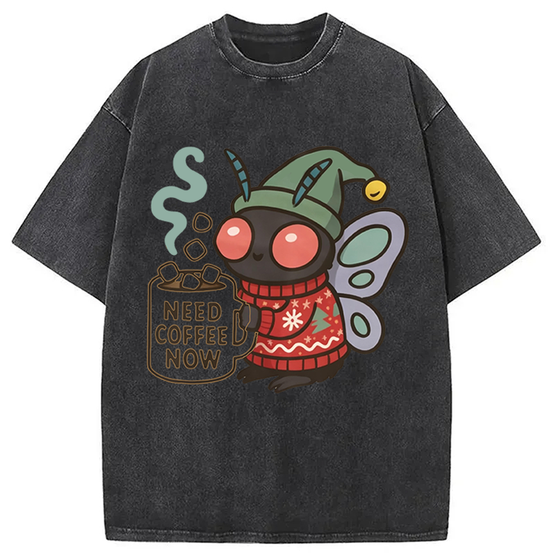 Modecanvas Creepy Cute Mothman Coffee DTG Printing Washed T-Shirt