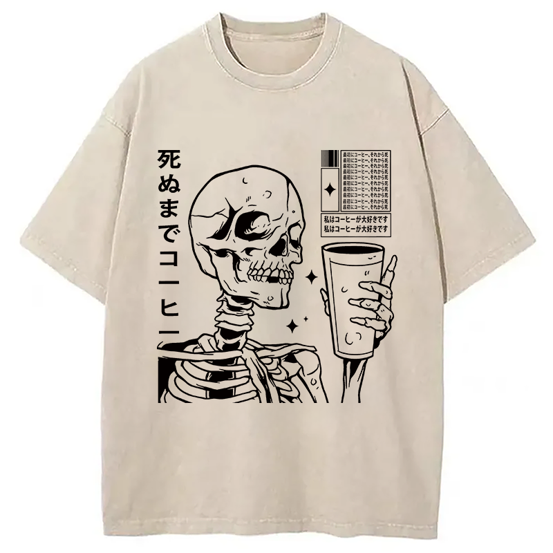 Modecanvas Japanese Skeleton Coffee DTG Printing Washed T-Shirt-modecanvas