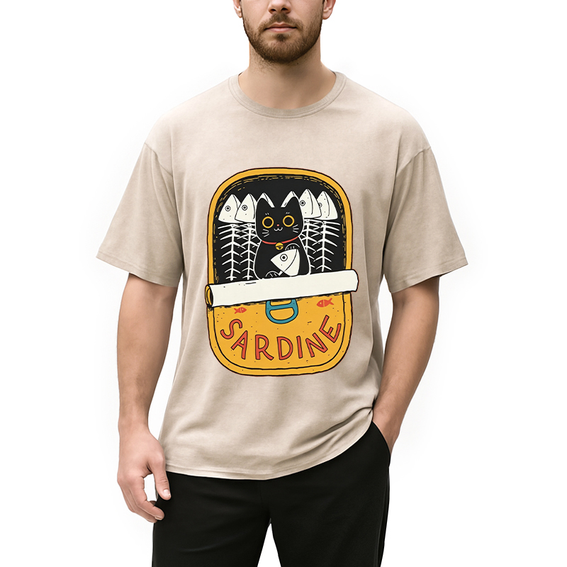 Modecanvas Sardine and Cat DTG Printing Washed T-Shirt