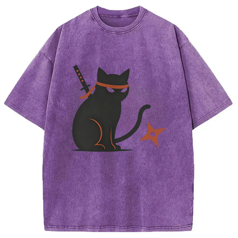 Modecanvas Japanese Ninja Neko Kimono Cat DTG Printing Washed T-Shirt
