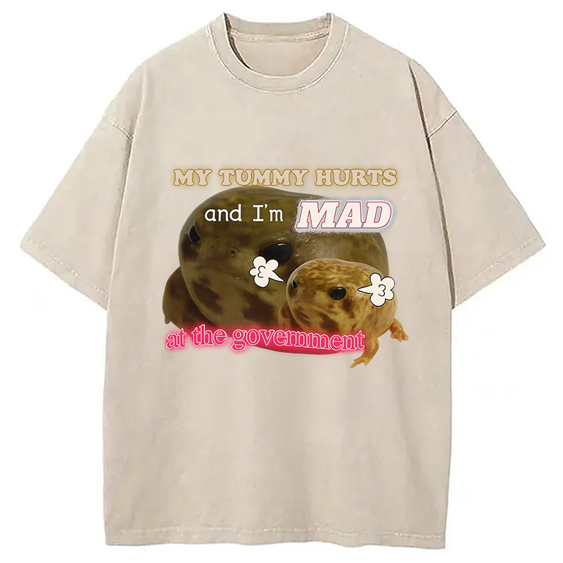Modecanvas My Tummy Hurts Funny Frog Meme Washed T-Shirt