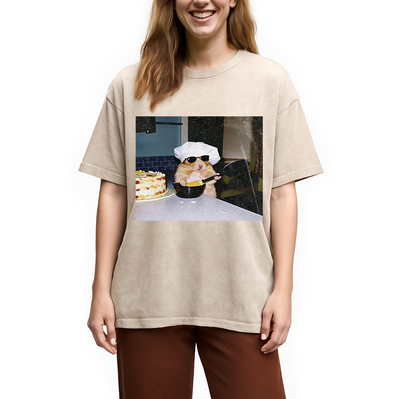 Modecanvas Vintage Chef Hamster Cooking Meme DTG Printing Washed T-Shirt