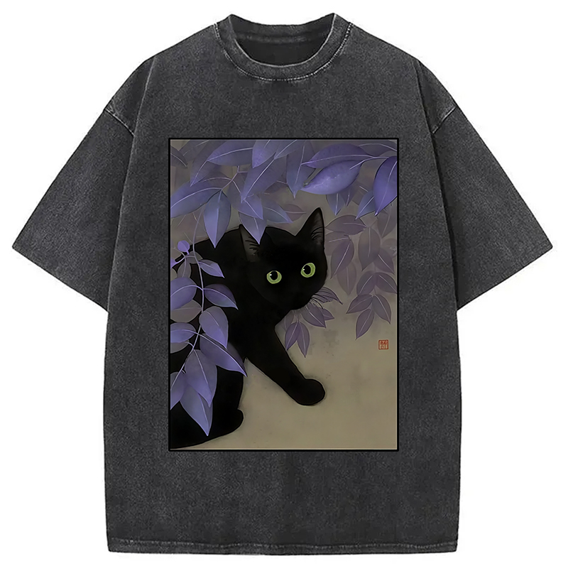 Modecanvas Cat Under The Flowers Washed T-Shirt