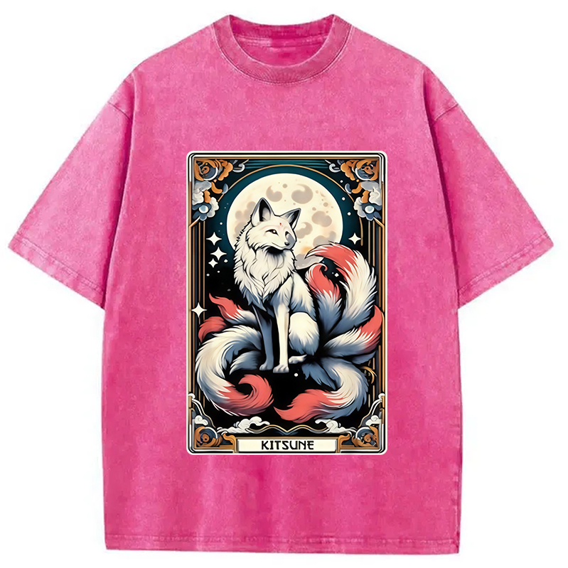 Modecanvas Japanese Kitsune Fox Nine Tailed Fox Tarot Washed T-Shirt