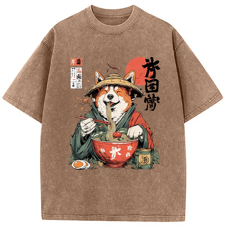 Modecanvas Corgi Eating Ramen DTG Printing Washed T-Shirt-modecanvas