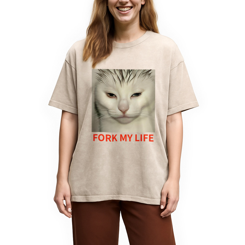 Modecanvas White Cat Fork My Life Washed T-Shirt