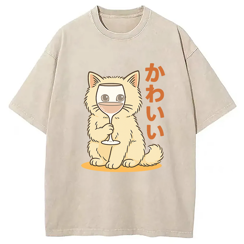 Modecanvas Kawaii Cat with Wine Glass Face Washed T-Shirt