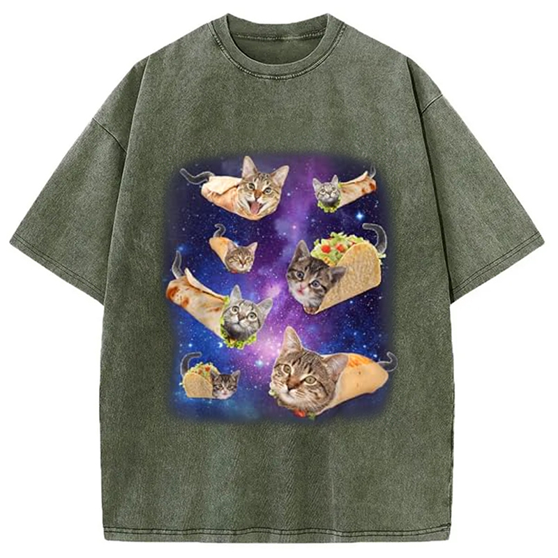 Modecanvas Burrito Cat and Taco Cat Space Galaxy Meme Washed T-Shirt