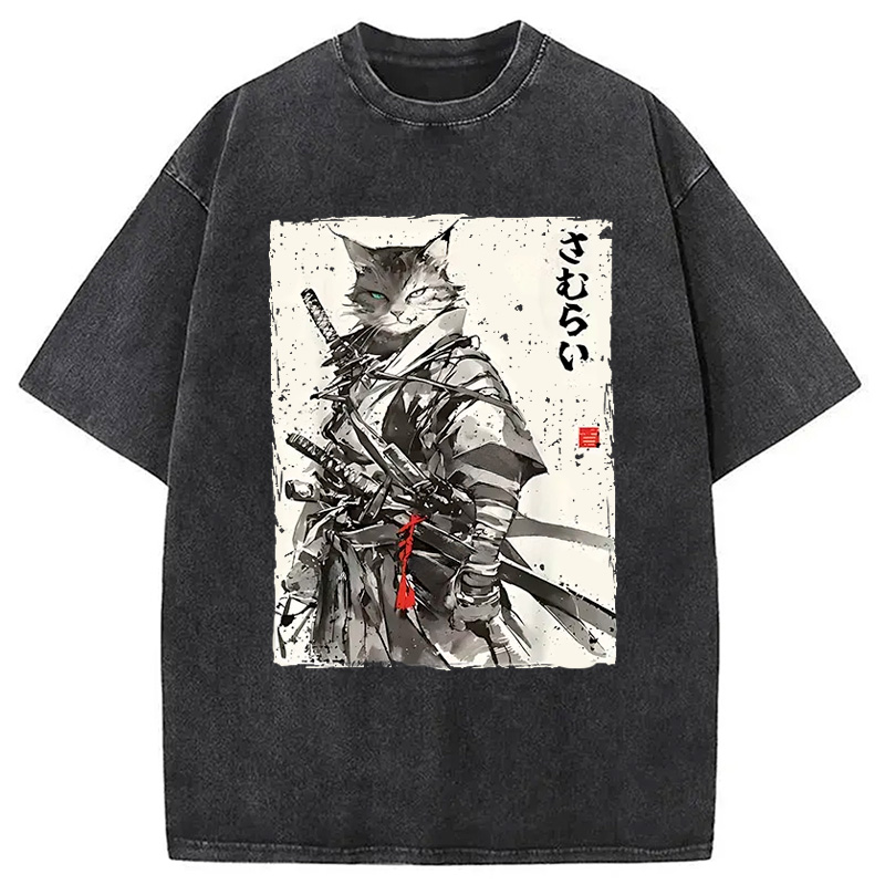 Modecanvas Retro Japanese Cat Samurai Washed T-Shirt