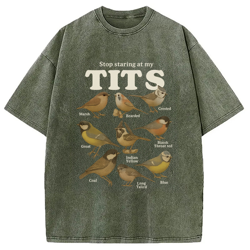 Modecanvas Stop Staring At My Tits Meme Bird Washed T-Shirt