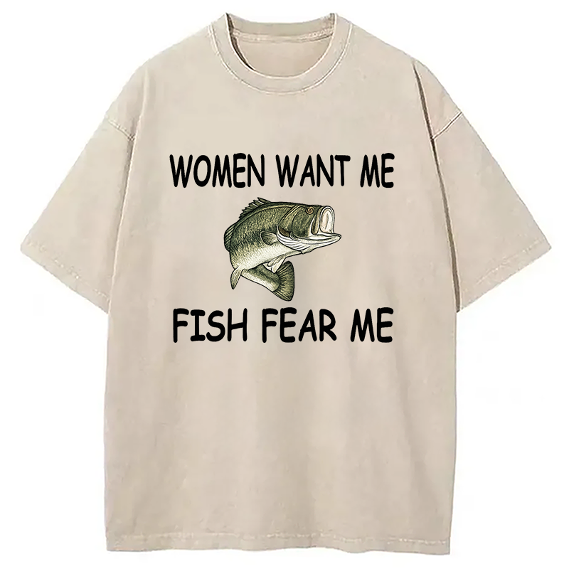 Modecanvas Fishing Women Want Me Fish Fear Me Washed T-Shirt