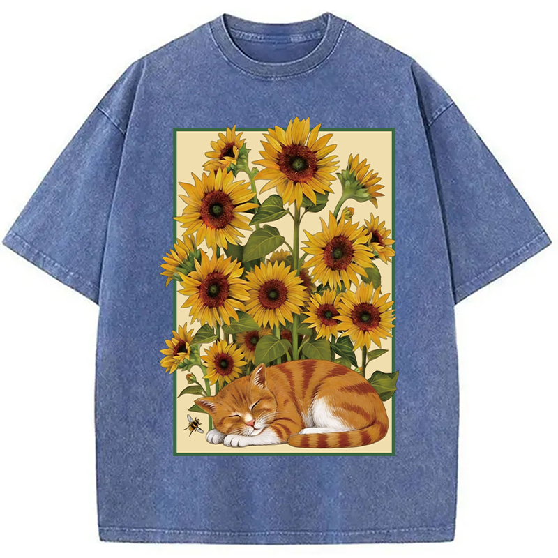 Modecanvas Sunflower Orange Cat Washed T-Shirt-modecanvas