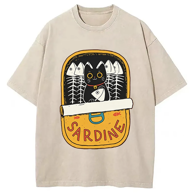 Modecanvas Sardine and Cat DTG Printing Washed T-Shirt