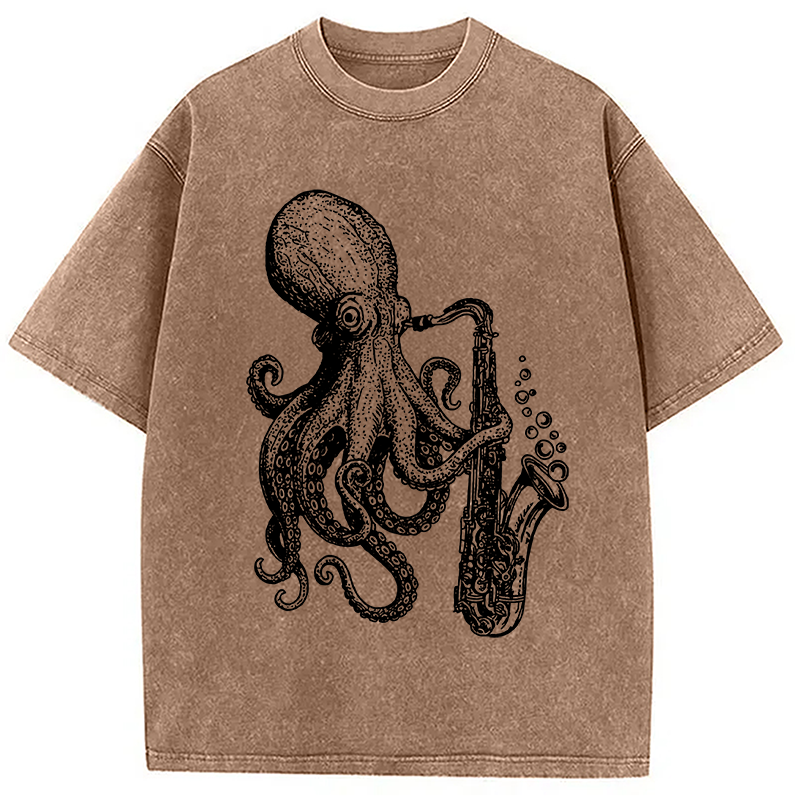 Modecanvas Octopus Playing Saxophone Washed T-Shirt