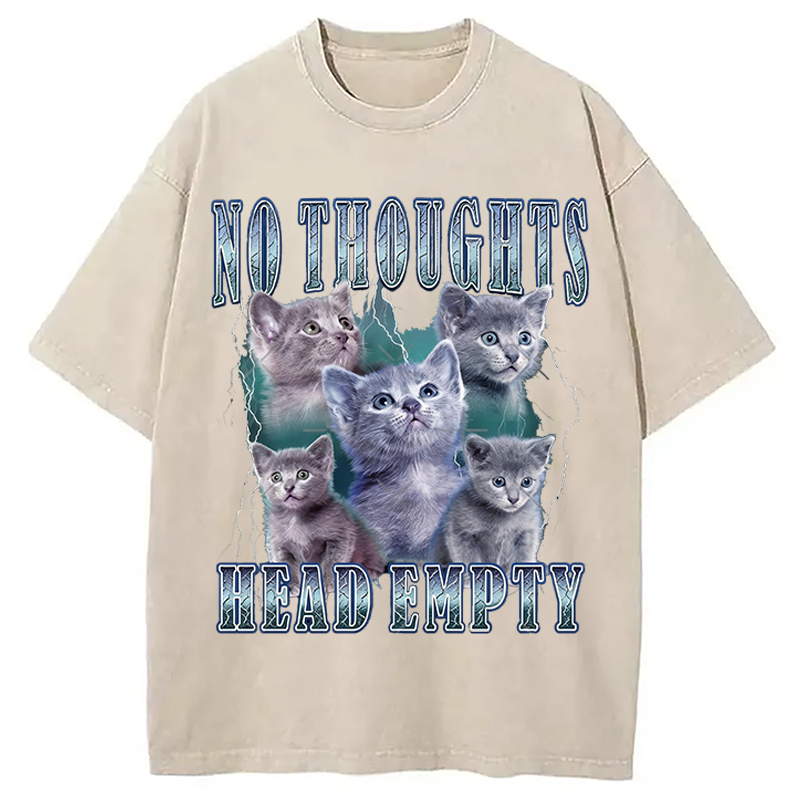 Modecanvas No Toughts Head Empty Funny Cat Meme DTG Printing Washed T-Shirt