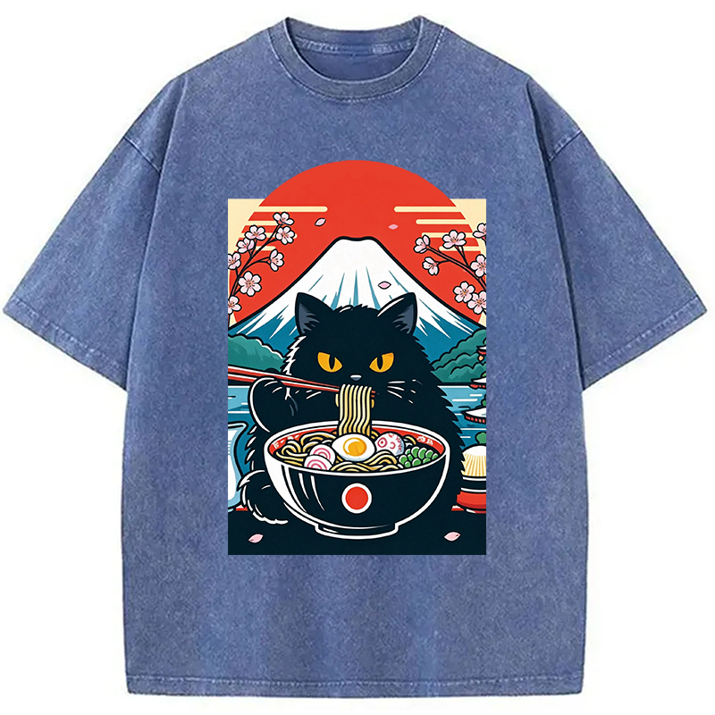 Modecanvas Black Cat Having Ramen Mount Fuji DTG Printing Washed T-Shirt