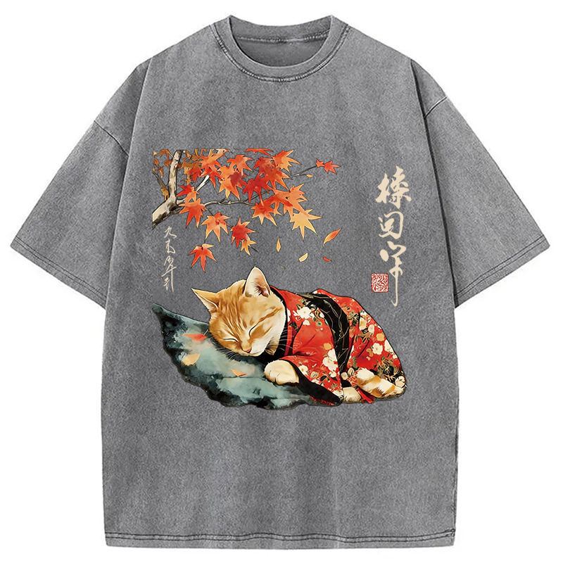Modecanvas Kimono Neko Art DTG Printing Washed T-Shirt-modecanvas