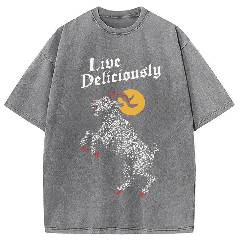 Modecanvas Black Philip Live Deliciously DTG Printing Washed T-Shirt