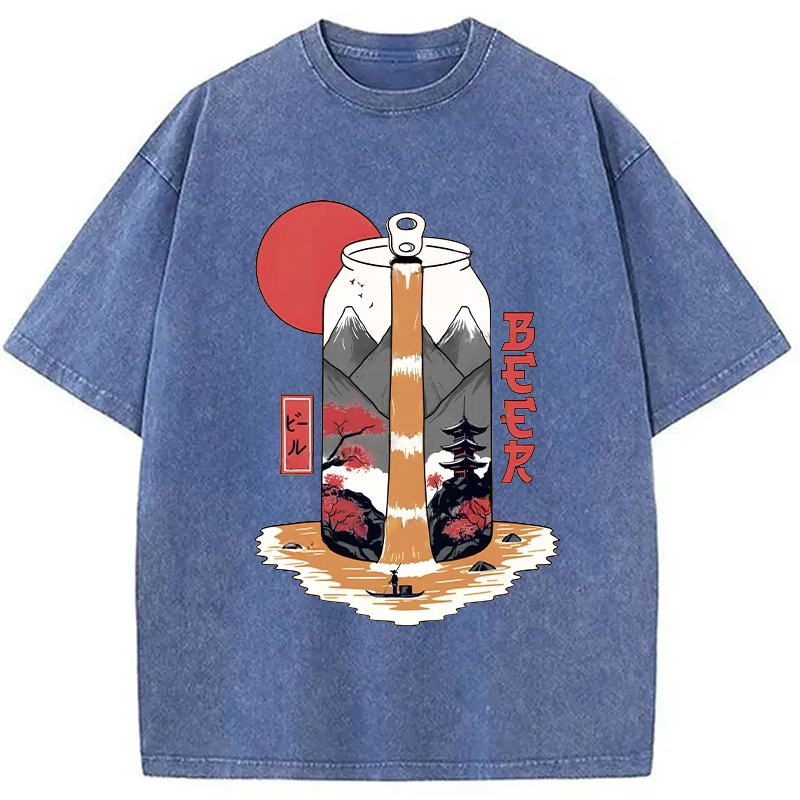 Modecanvas Japanese Retro Beer Landscape Washed T-Shirt